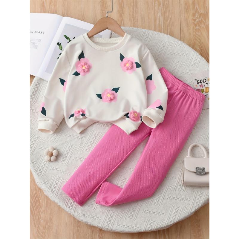 Girls' Autumn and Winter Set, Girls' Fashion Design Floral Long Sleeve Round Neck Top + Ribbed Slim Fit Pants, Breathable