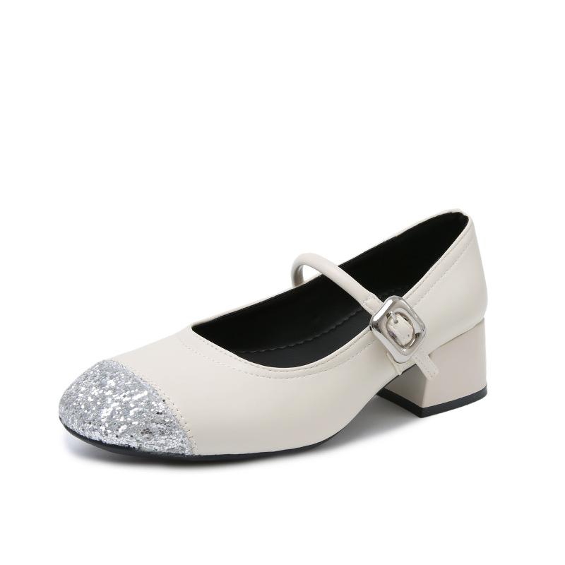 

French inner height increase thick heel silver single shoes women s 2025 new summer with skirt high heels Mary Jane shoes small leather shoes 35