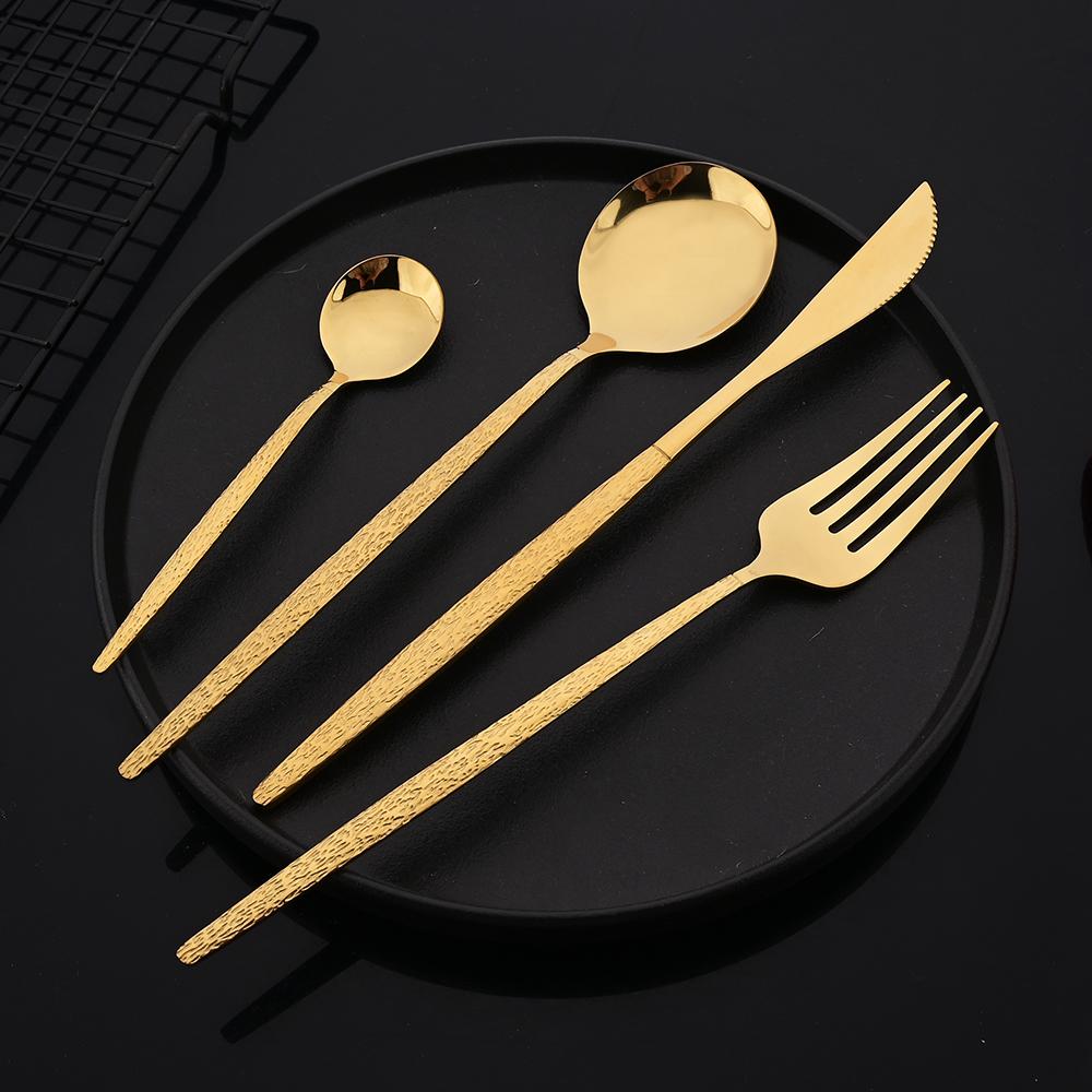 24Pcs Black Western Dinnerware Set Stainless Steel Cutlery Set Fork Steak Knife Spoon Tableware Set Flatware Silverware Set