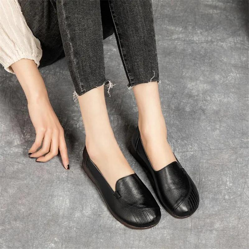 Mode Frühling Neue Flache Mutterschuhe Echtes Leder Lässige Damenschuhe Rindsleder Flacher Ausschnitt Damen Einzelne Schuhe