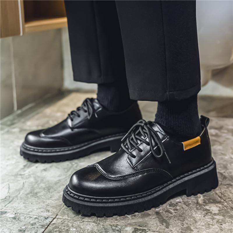 Business Small Leather Shoes Men's Formal British Style Platform Heightening Shoes Pure Black Casual Simple Men's Shoes Autumn