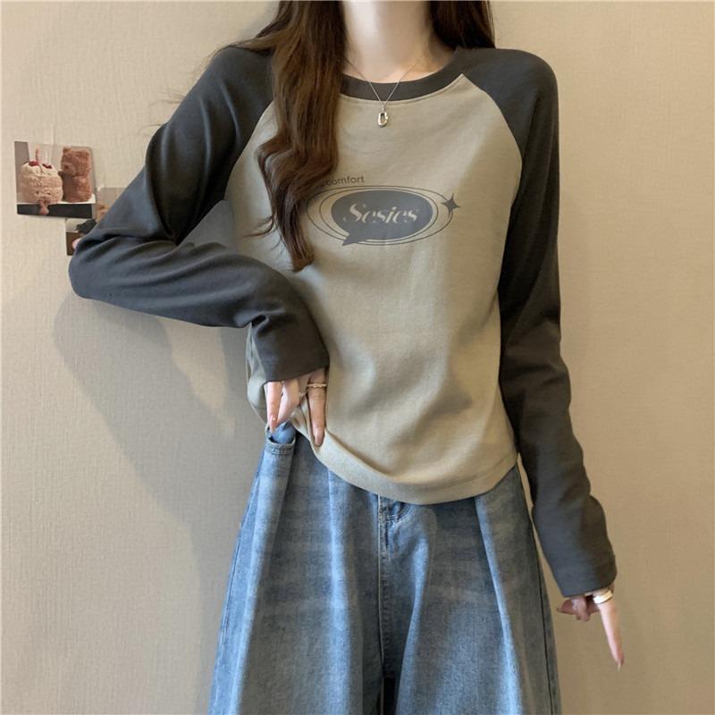 Real Shot Women's Clothing Autumn and Winter Cotton Shoulder Plug Contrasting Color Y Contrasting Color Long-sleeved T-shirt Bottoming Shirt Top