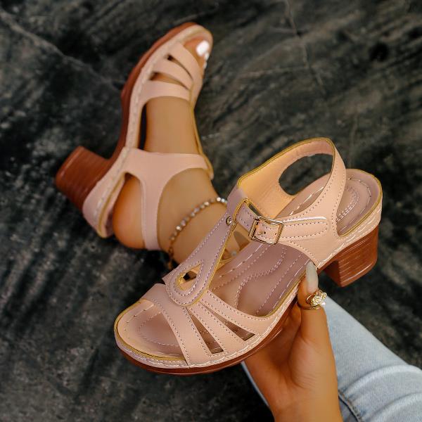 Fashion High Heel Sandal for Women Low-Heeled Shoes With Strap Buckle Large Size Suit Female Beige Open Toe 2025 Summer High-heeled Low-