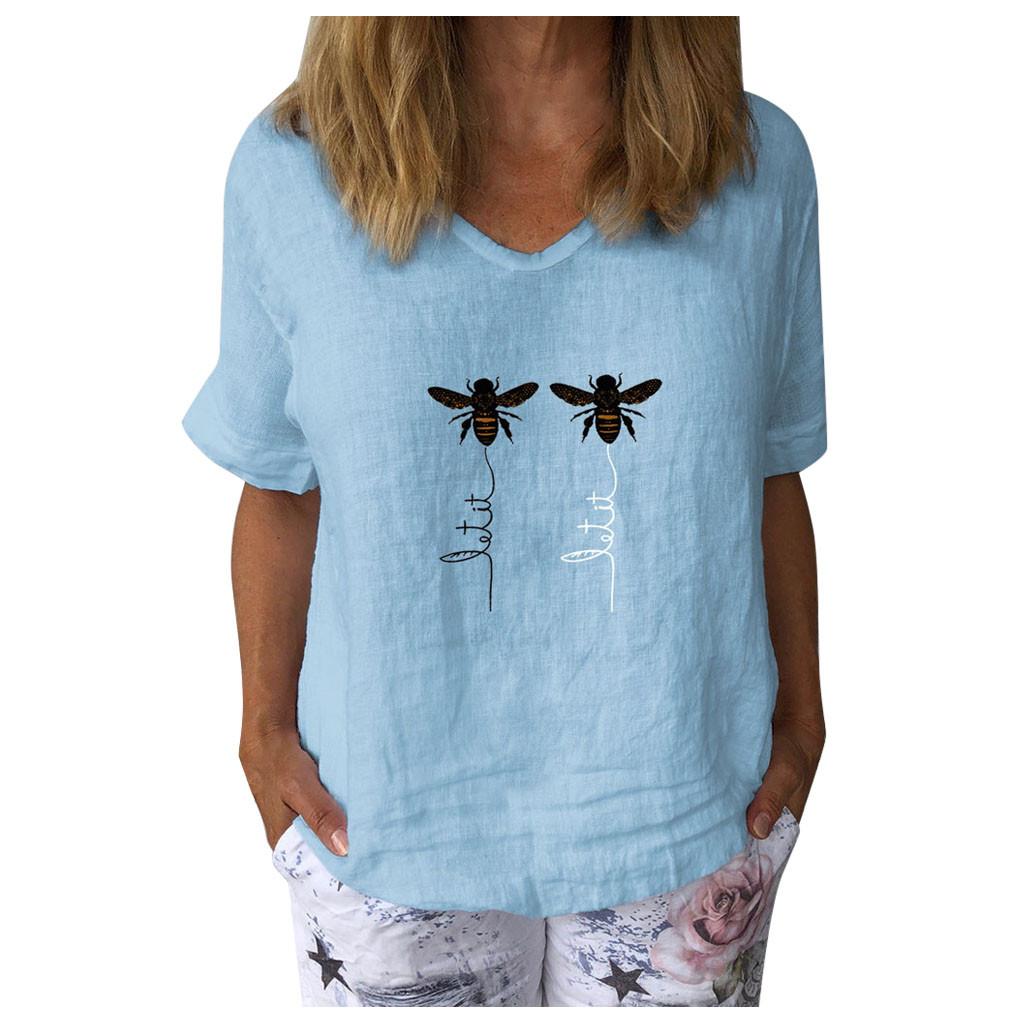 

(SU)Женская футболка с коротким рукавом и принтом пчелы и v-образным вырезом, свободная повседневная блузка M серый