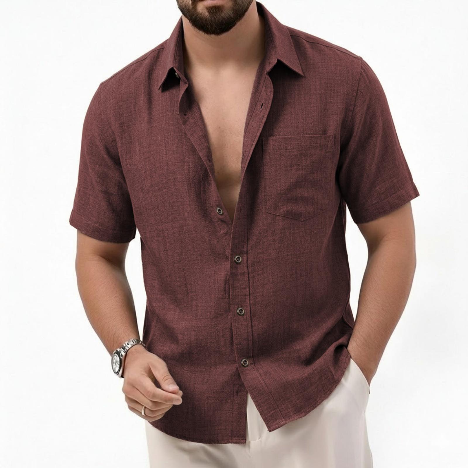 

Men s Casual Fashionable Short-sleeved Shirt - Men s Breathable Cotton-linen Imitation Fabric Retro Single-pocket Shirt M винний