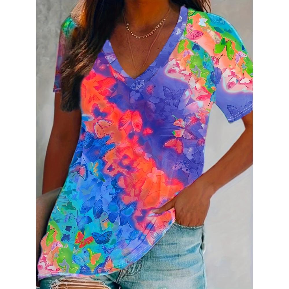 2026 Summer Fashion Colorful Butterfly Pattern T-shirt Ladies 3d Retro V-neck Outdoor Vacation Beach T-shirt