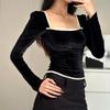 Y2K Fashion Women‘s T Shirt Bandage Corset Top Elegant Vintage Black Velvet T-Shirt Low Cut Long Sleeve Crop Tops