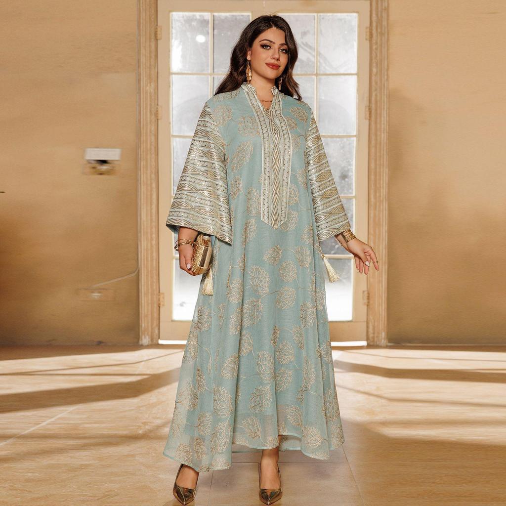 AB423 Plus Size Women's Embroidered Sequin Robe Dress - Middle Eastern, European, American Style
