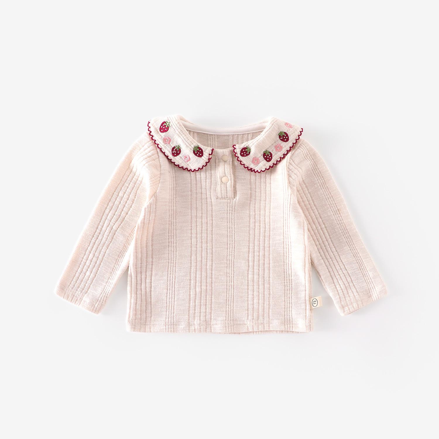 

Девичья футболка в корейском стиле с воротником Питер Пэн и клубничным принтом - Осень 2025 Милая мода 80