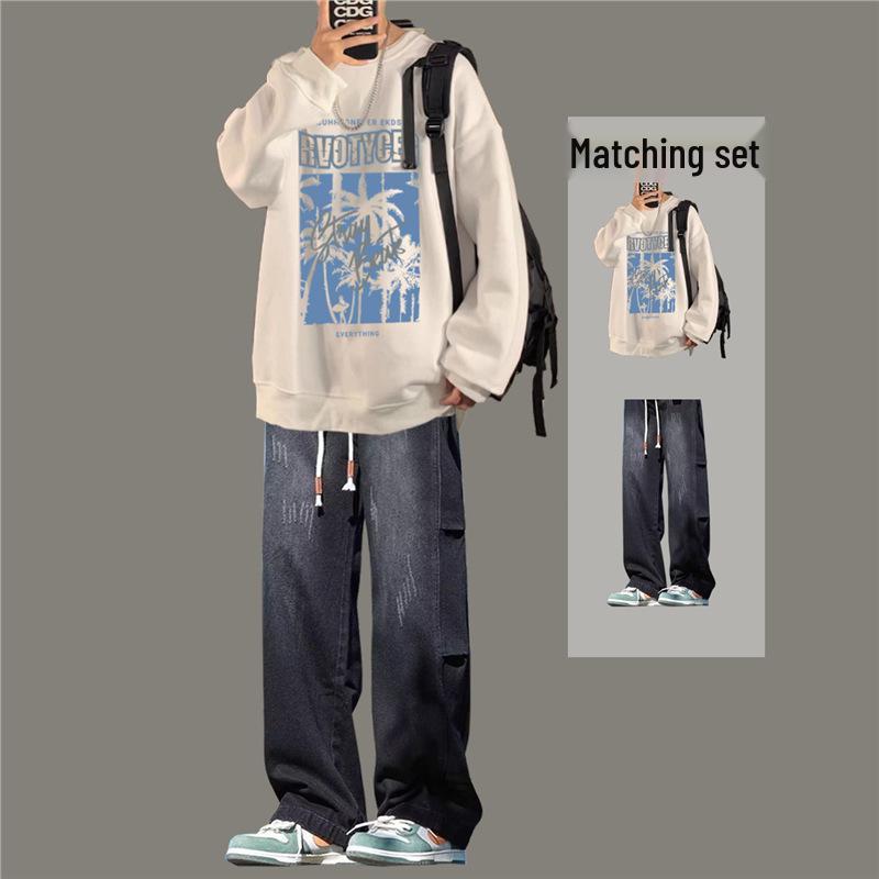 Boys' Trendy Loose Round Neck Sweatshirt & Jeans Set - Cool Casual Two-Piece Outfit for Spring & Autumn