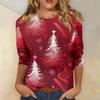 Edición Limitada de Navidad Camiseta de Mujer 3D Roja con Estampado de Árbol de Navidad Cuello Redondo Manga Larga Moda Casual Top de Manga Larga