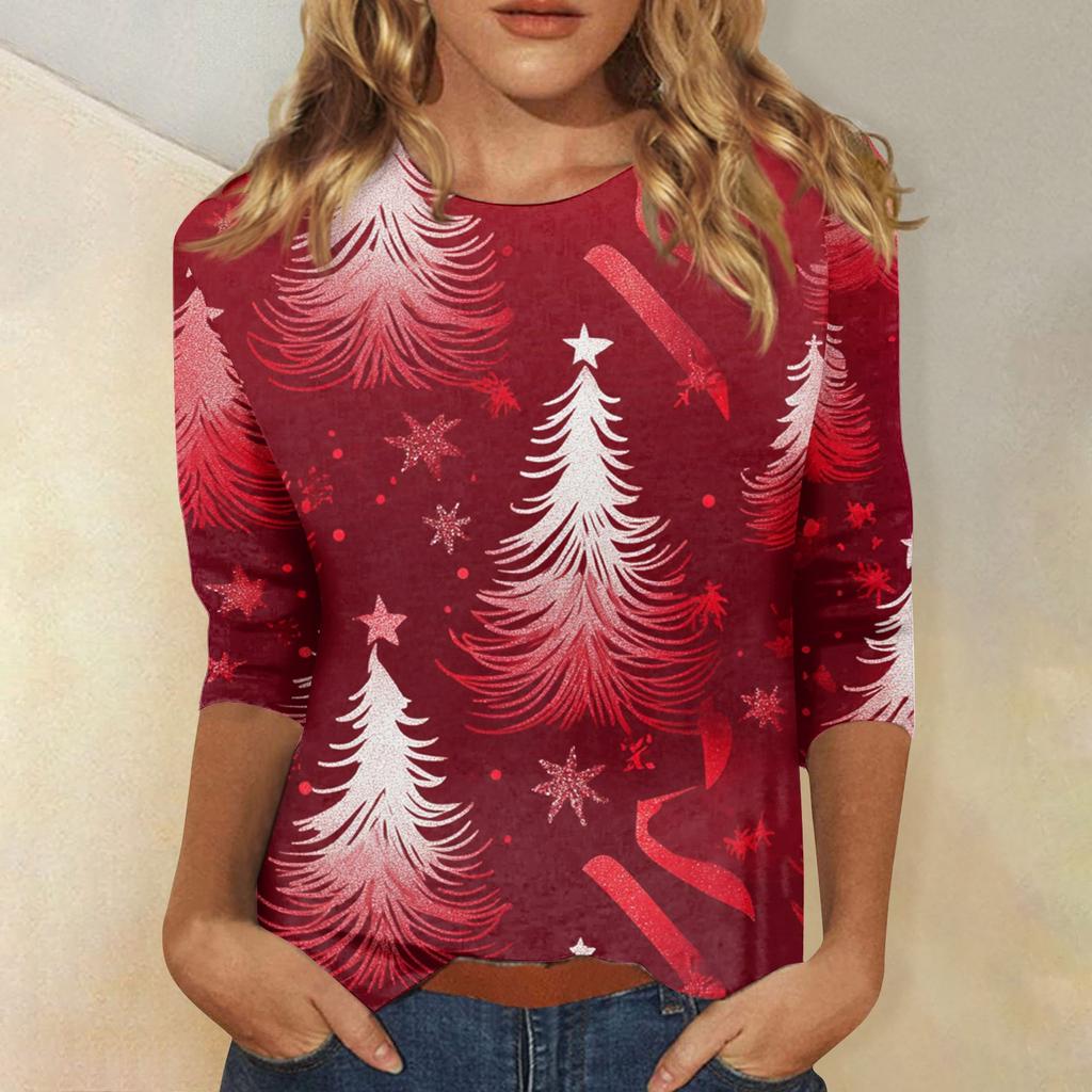 Edición Limitada de Navidad Camiseta de Mujer 3D Roja con Estampado de Árbol de Navidad Cuello Redondo Manga Larga Moda Casual Top de Manga Larga