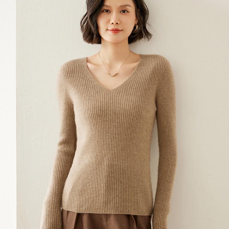 Women's V-Neck Striped Cashmere Knit Sweater - Slim-Fit Autumn/Winter Pullover