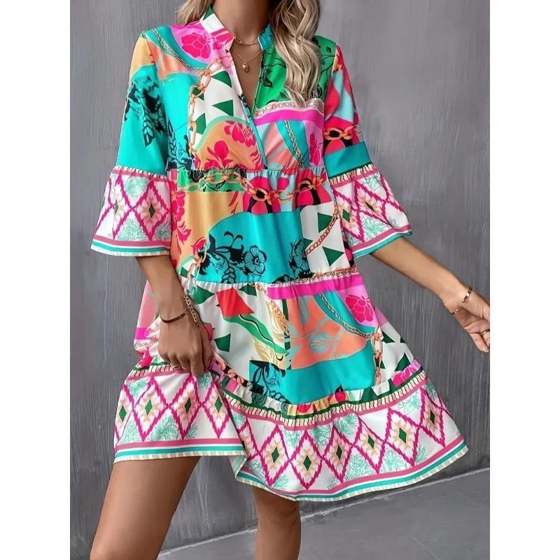 Fall Fashion New Arrival Fashion V Neck Chain Irregular Pattern Print Ruffles Hem Bell Sleeve Dress Dress