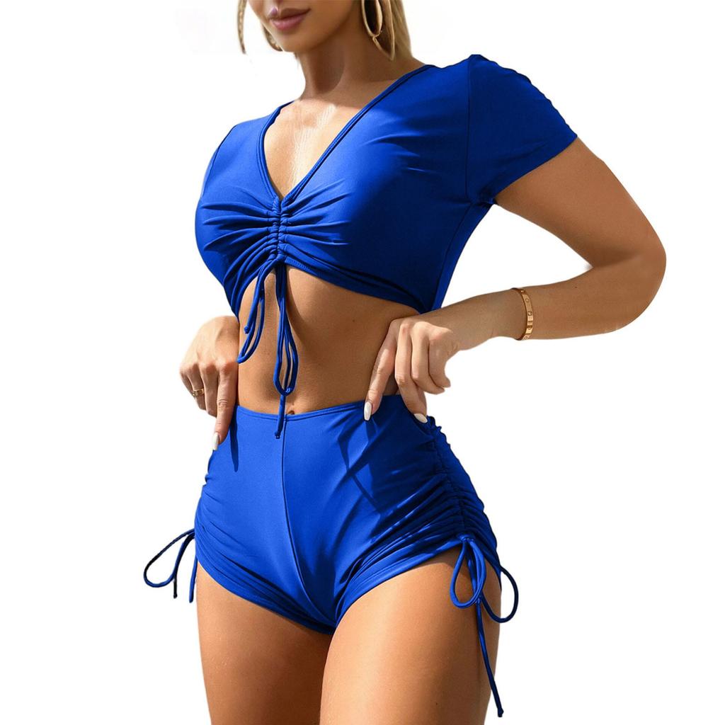 Women’s Two Piece High Waist Short Sleeve Swimsuit Set with Adjustable Drawstring Top and Ruched Bikini Bottoms for Beach Pool