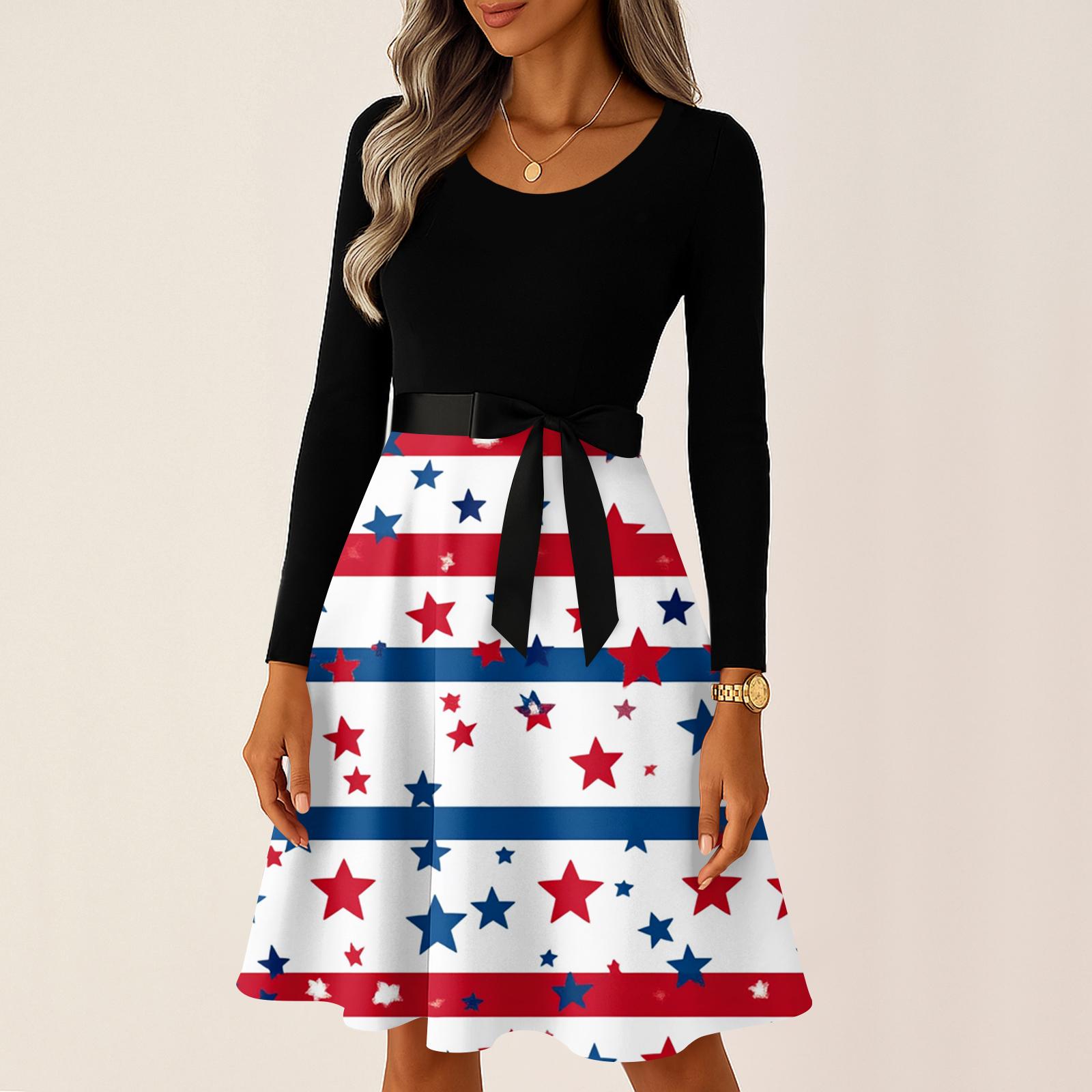 

Ladies Casual And Fashionable Round Neck Long Sleeved Retro Independent Day Print Retro Dress XL