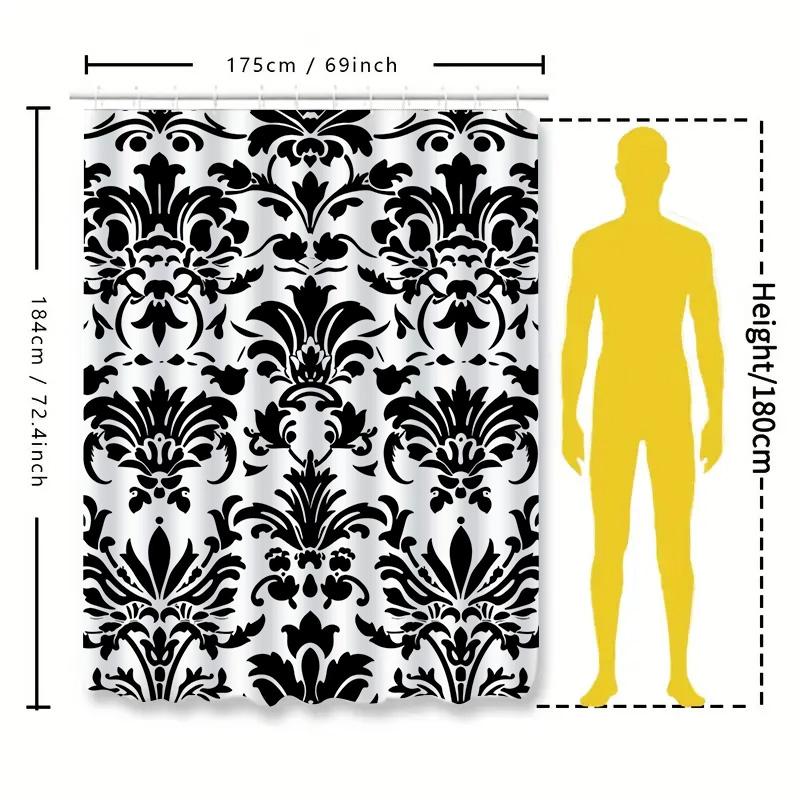 Klassisches Schwarz-Weiß-Damast-Duschvorhang-Set Für Badezimmer Dekorative Badewannenabdeckung Mit Stange (180X240 Cm)
