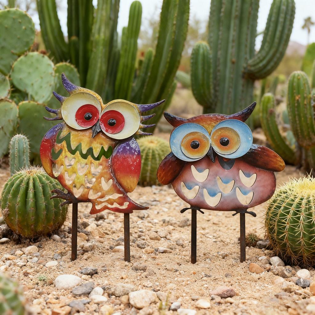 Metal Garden Stake Set with Owl Design Outdoor Decorative Yard Art Creative Iron Craft Lawn Ornament for Patio and Garden