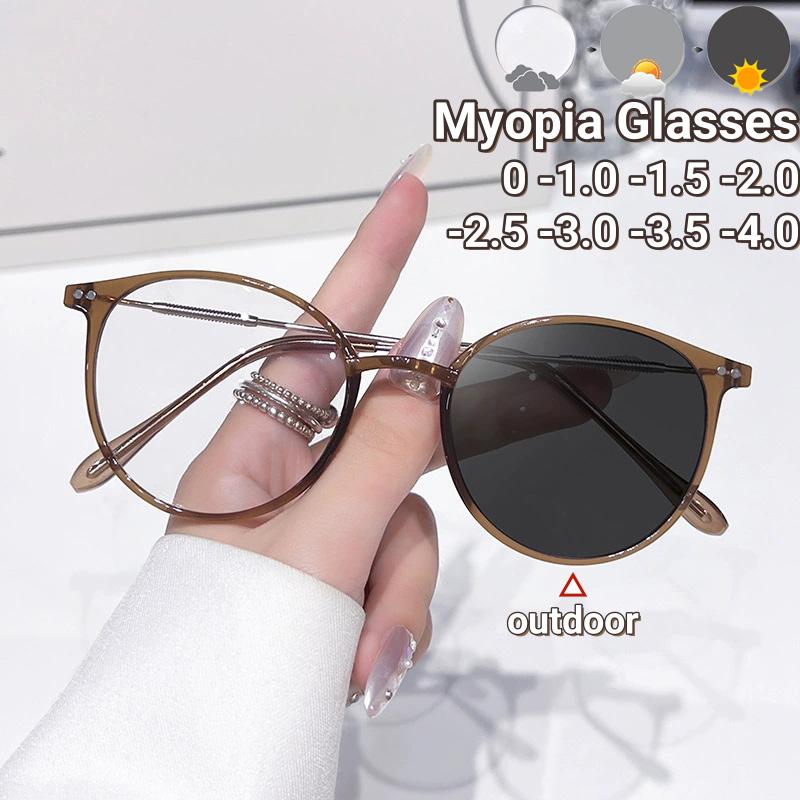 Vintage Luxury Brand Photochromic Myopia Glasses Women Anti Blue Light Near Sight Glasses Round Frame Diopter Eyewear 0 To -4.0