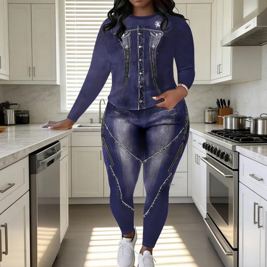 Dam 2-delade Outfits med Falskt Denimtryck Långärmade Toppar Bodycon Leggings Byxset Sexiga Festkläder Träningsdräkt