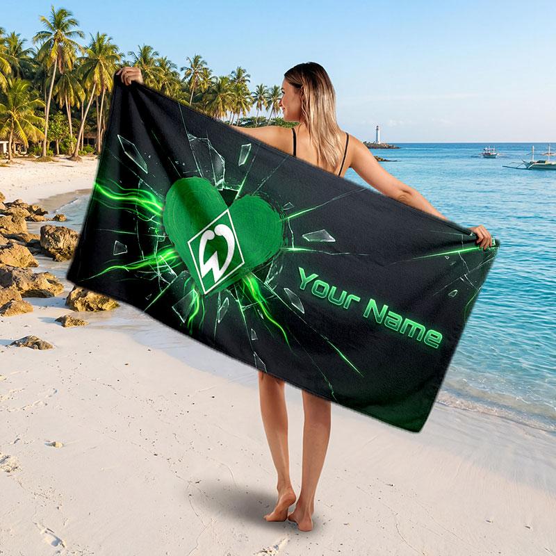 Werder Bremen FC Benutzerdefiniertes Strandtuch, Personalisierter Namens-Textdruck, Fußballlogo Weiches Schnelltrocknendes Handtuch Urlaubsgeschenk