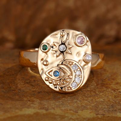 Vintage Colorful Zircon Stars Moon Eye Ring For Women Gold Color Geometric Ring Luxury Jewelry