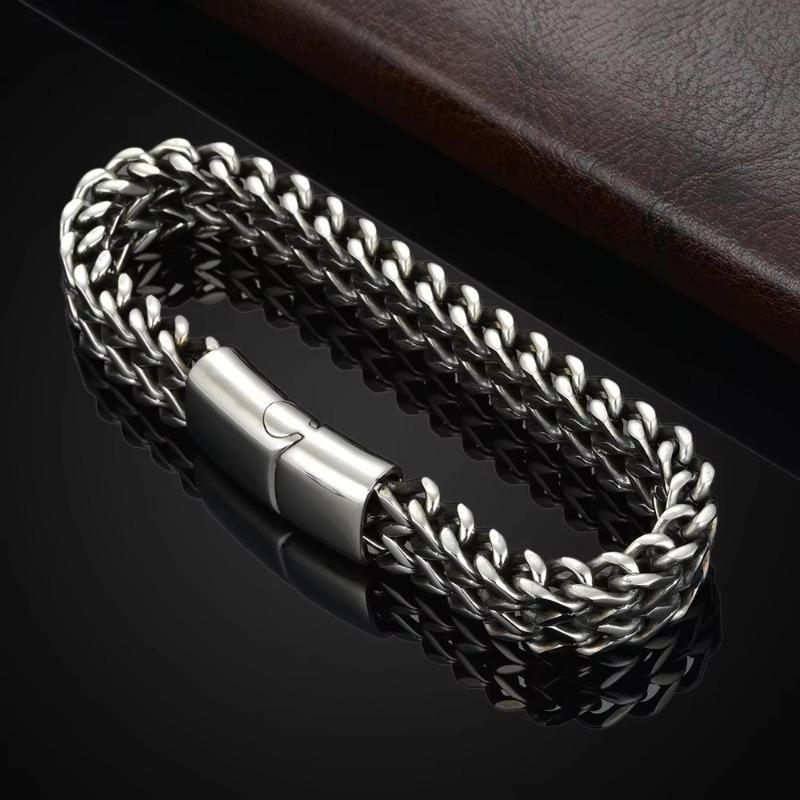 Hip Hop Stainless Steel Braided Double Row Front and Rear Fish Scale Alloy Magnetic Buckle Bracelet Men's Punk Bracelet