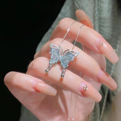 Blue Water Butterfly Titanium Steel Necklace - Light Luxury Summer Clavicle Chain, New Chinese Style