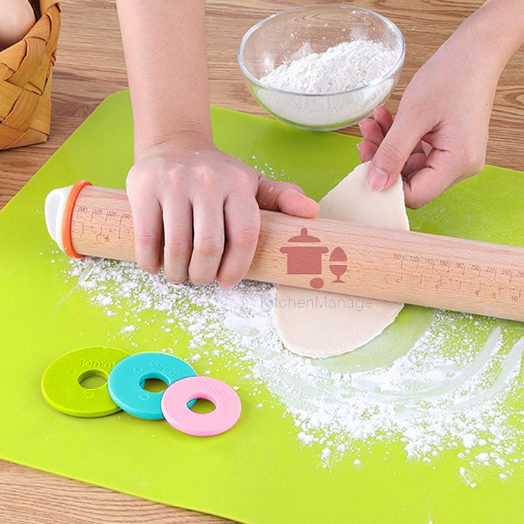 Adjustable Beech Wood Rolling Pin with Thickness Scale – Non-Stick Dough Kneading Baking Tool