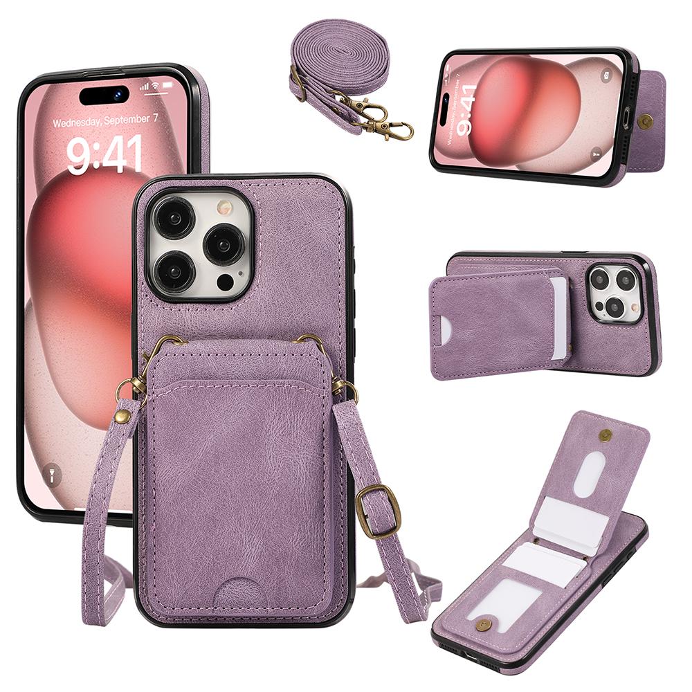 For iPhone 15 Pro Max Case Card Holder Kickstand Leather+TPU Phone Cover with Shoulder Strap