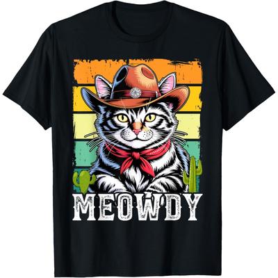 Meowdy Grafik Lustig Sonnig Westliches Land Cowboy Flauschige Katze T-Shirt(7)