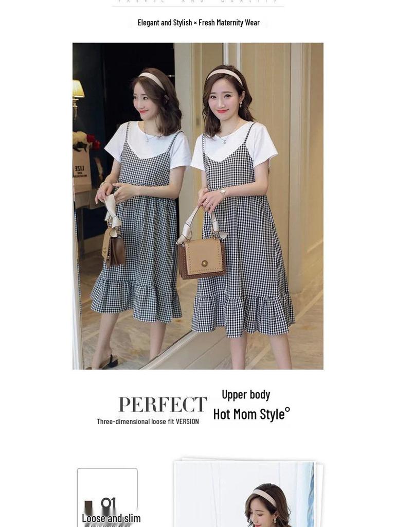 Korean Plus Size Maternity Plaid Dress - Short-Sleeve, Two-Piece Look, Loose Fit, Round Neck
