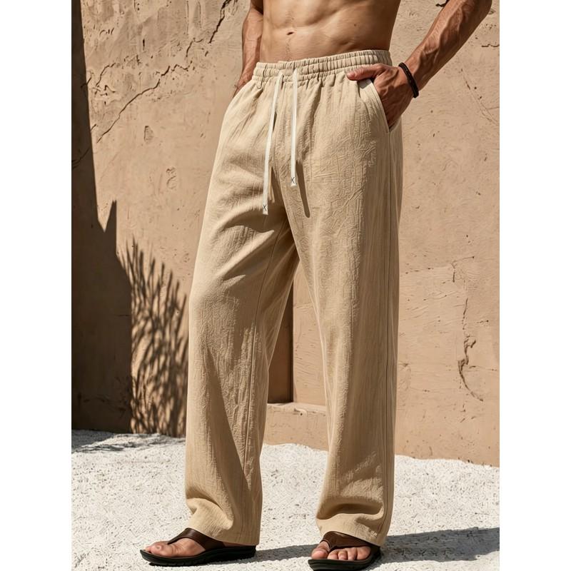 Mens Cotton Linen Loose Fit Pants With Drawstring Waist Breathable Lightweight Beach Vacation Trousers