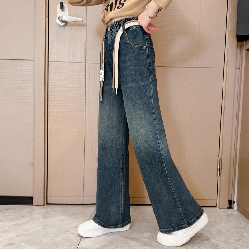 Dívčí rovné nohavice široké nohavice džíny na jaro a podzim dětské dívčí kalhoty dlouhé kalhoty