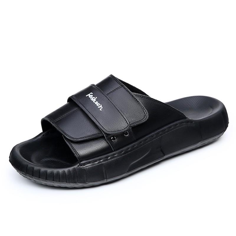 Herren Genuine Leather Slide Sandalen Outdoor Slip-On Flache Schuhe Mit Rutschfester Sohle