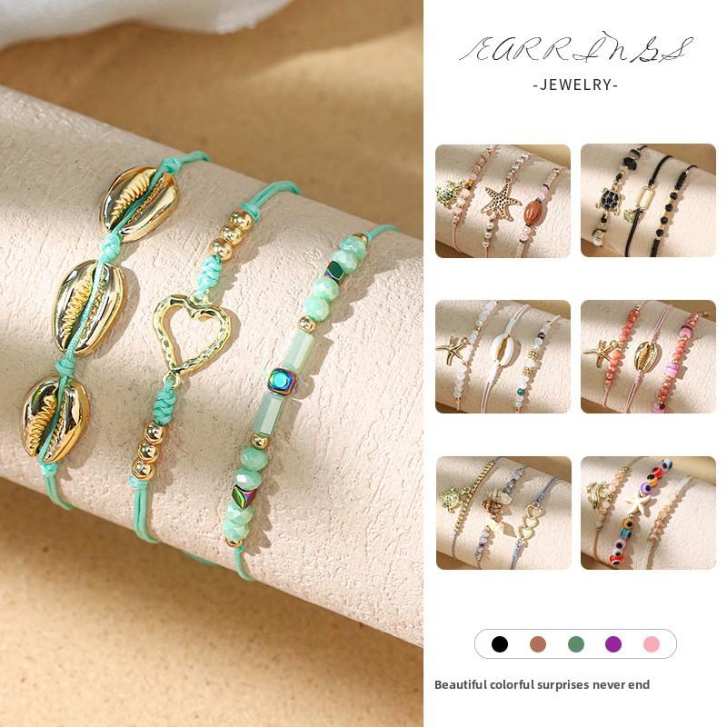 Vacation Style Beach Shell Braided Women's Multi-Strand Bohemian Heart Crystal Alloy Gift Bracelet
