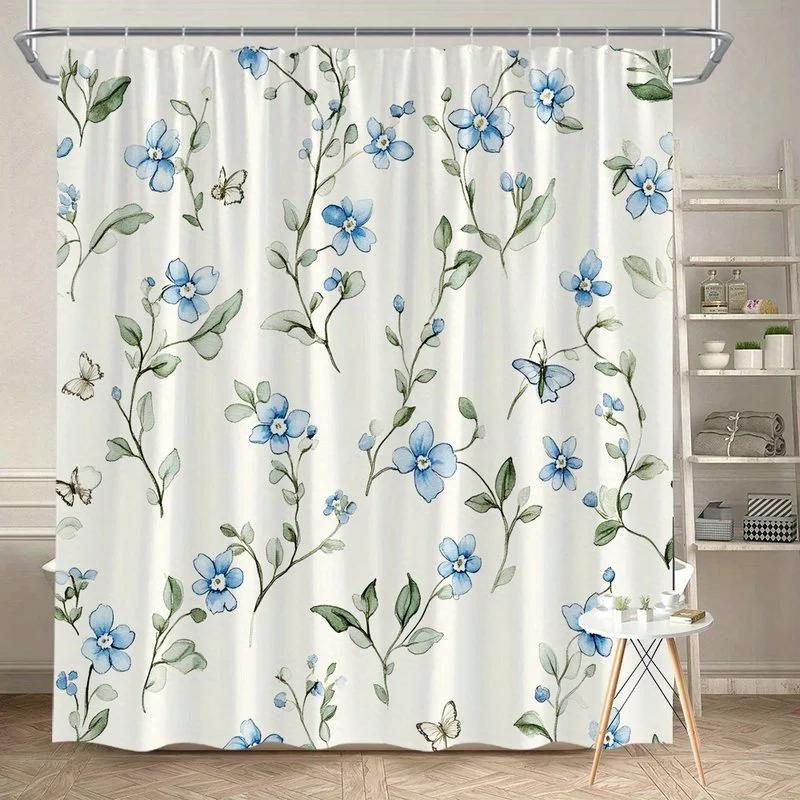 

Blue Floral Shower Curtain Watercolor Botanical with Butterflies & Berries, 12 Hooks Machine Washable Polyester Bathroom Decor W90xH180cm