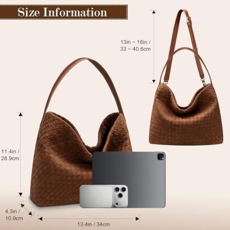 Auluda Braided Suede Shoulder Bag for Women, Elegant Large Tote Hobo Bag, Crossbody Work Travel Purse