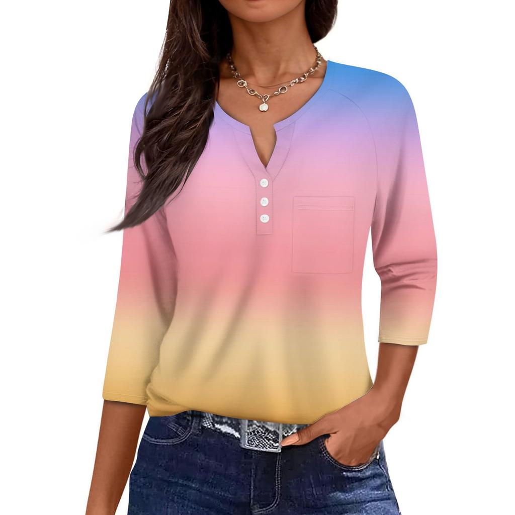 Damen Lässige Mode V-Ausschnitt Locker Vielseitig Farbverlauf Drei-Viertel-Ärmel