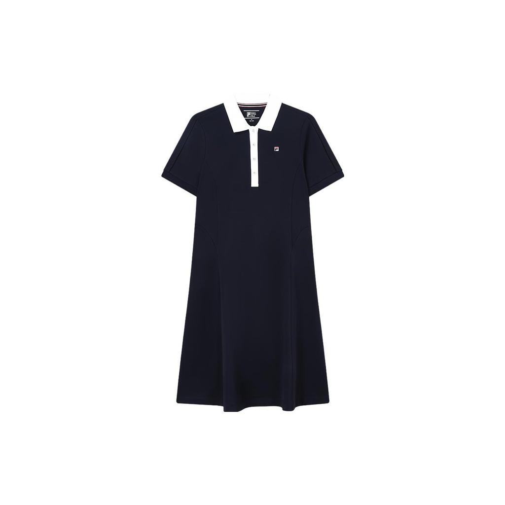 Fila Logo Casual Commuter Long Knit Polo Short Sleeve Dress Women Dresses Legendary-Blue F11W331310F-NV