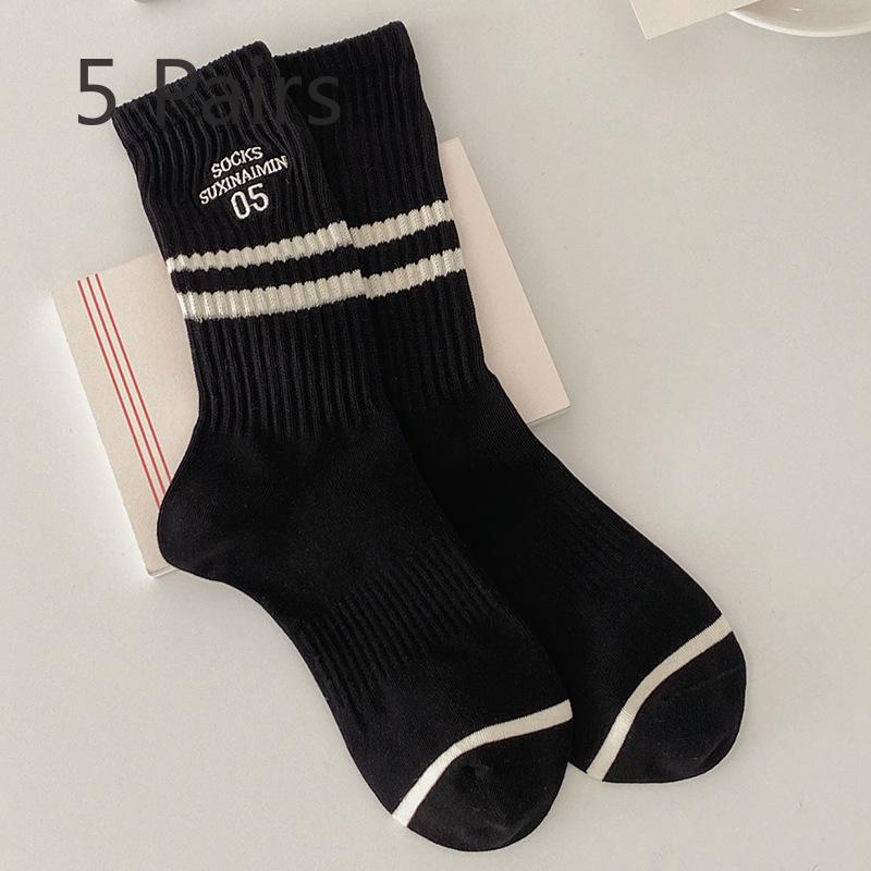 

5 пар женских весенних и осенних спортивных хлопковых полосатых чулок с вышитыми буквами 5 Pairs чёрный