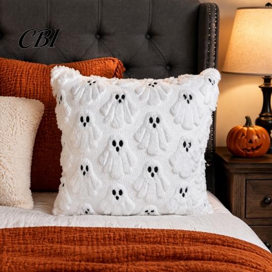 Versatile Square Throw Pillow Covers Halloween Ghost Cushion Cover, Fuzzy 18x18 Inch Washable Plush Case for Sofa Couch Home Holiday Decor Removable