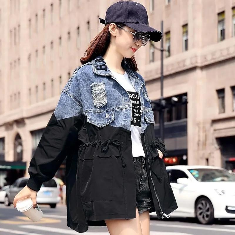Spring Fashion Waist Slimming Stitching Denim Jacket Women's Mid-length Windbreaker