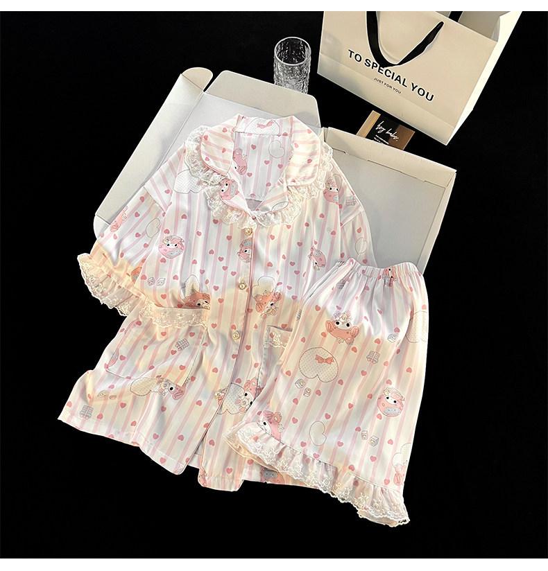 

Cute pink love striped Melody pajamas women s summer short-sleeved shorts cardigan two-piece soft cute loungewear S