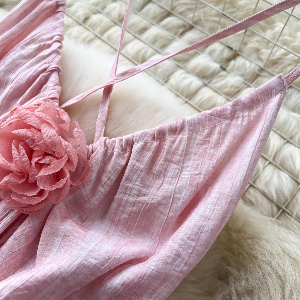 Rochie de vară Fairycore Beachwear Femei Gât în ​​V 3D Floare Chic Vacanță A Line Rochie lungă cu bretele spaghete fără spate