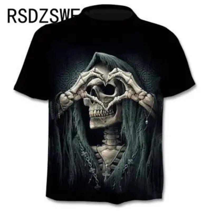 Round Neck 3D Skull Printed Top Fashionable Casual Short Sleeved Men's T-shirts - Soft Medium Stretch Polyester Fabric Summer Relaxed Fit Clothing