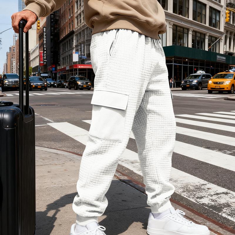 Spring and autumn jacquard checkered jogger pants, casual long pants for men, versatile and stylish multi-pocket trousers