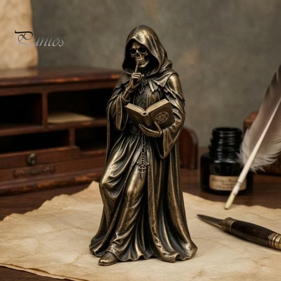 Occult Home Decoration Gothic Hooded Reaper Reading Book Resin Statue, Mystical Wizard Skull Figurine Unique Fantasy Collectible Desktop Bookshelf