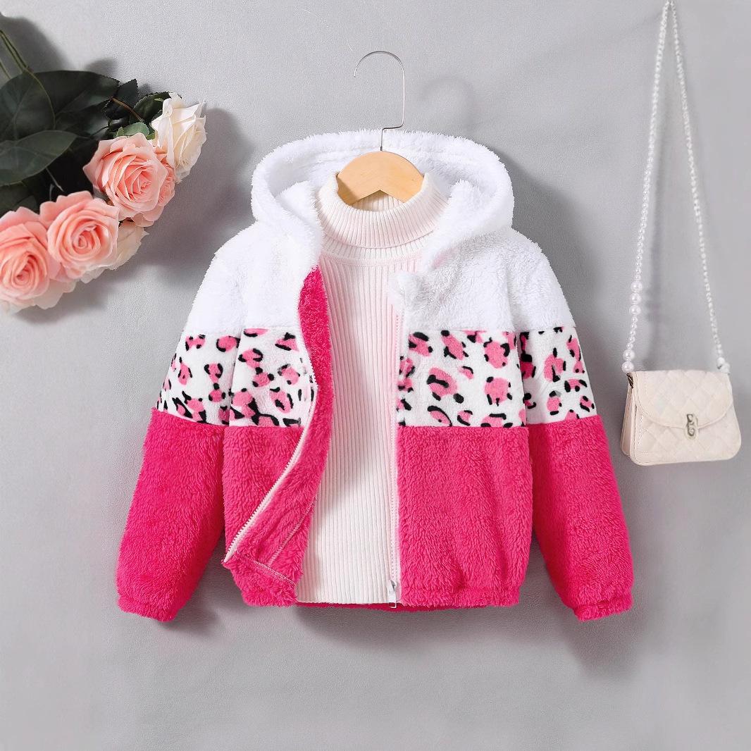 Winter Girls  Leopard Print Fleece Hooded Jacket with Color Block Zipper 6 Years