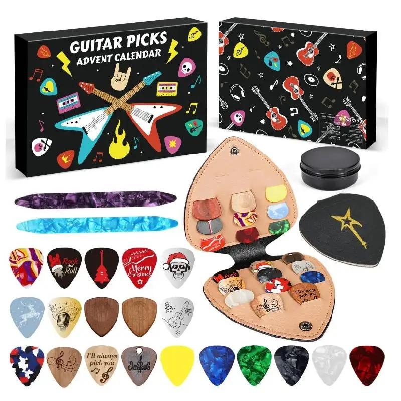 Guitar Picks Countdown Calendar with 20 Guitar Picks & 2 Oud Picks Holder Xmas Advent Calendars for Guitar Bass Ukulele Players